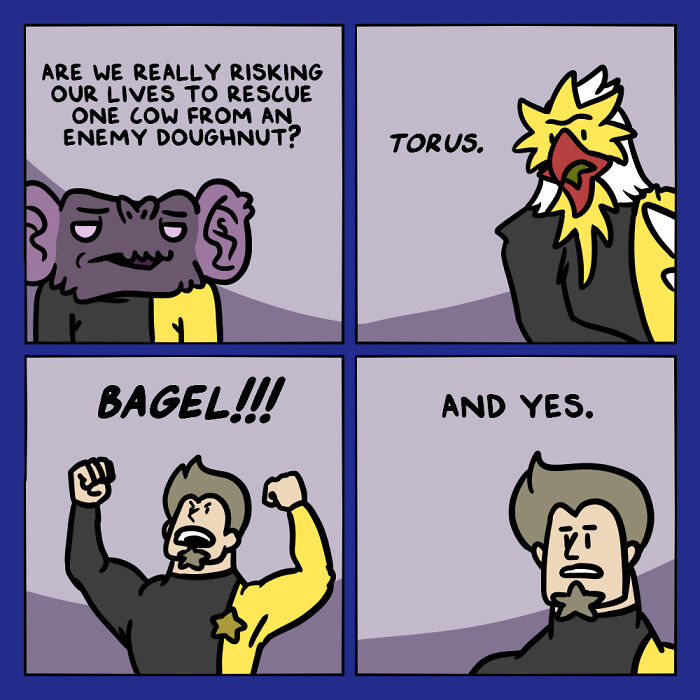 Comic panels showing aliens and humans discussing rescuing a cow from an enemy doughnut in a whacky humans and aliens comic.