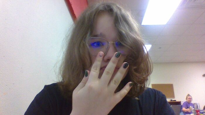 Acrylics I Got Put On For Choir Banquet, My Other Hand Is Almost Completely Bare Except My Pinky Cause I Bite My Nails Off Lmao