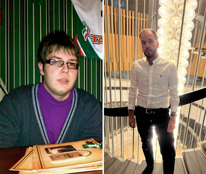 Before and after photos showing inspiring ugly duckling transformation of a man improving style and confidence over time.