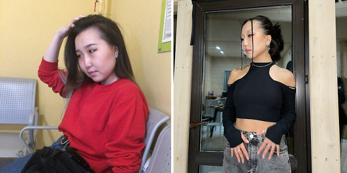 Before and after ugly duckling transformation of a young woman showing inspiring personal style and confidence changes.