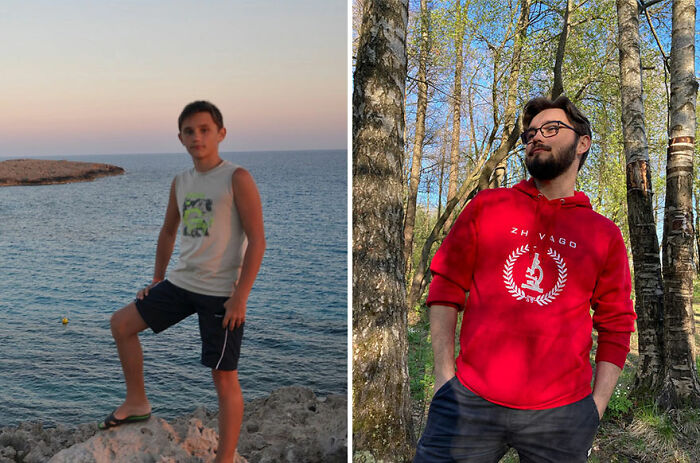 Before and after ugly duckling transformation showing a young boy growing into a confident man in outdoor settings.