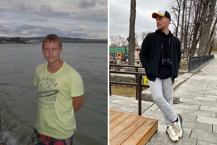 Side-by-side photos showing an ugly duckling transformation of a man by the water and later in casual urban wear.