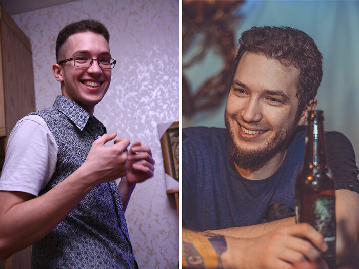 Before and after photos of a young man showing an inspiring ugly duckling transformation with a confident smile.