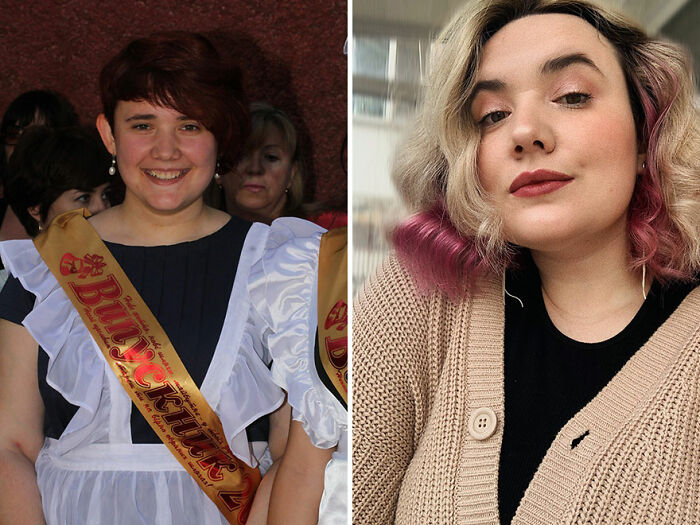 Side-by-side photos showing an inspiring ugly duckling transformation with a stylish look and confident smile.