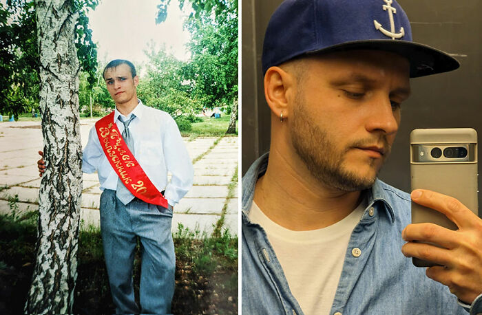 Side-by-side photos showing an inspiring ugly duckling transformation with a confident modern look and casual style.