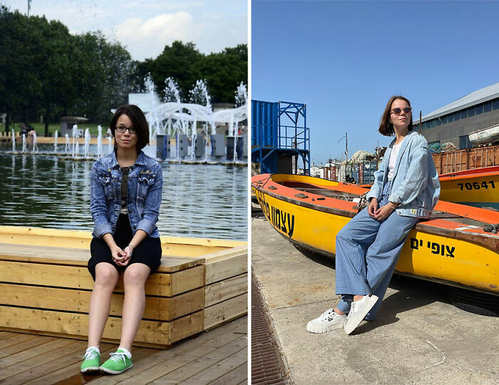 Side-by-side photos showing a woman’s inspiring ugly duckling transformation by the water in different outfits and settings.