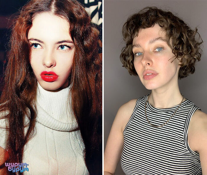 Before and after photos of a woman showcasing a dramatic ugly duckling transformation with different hairstyles and looks.