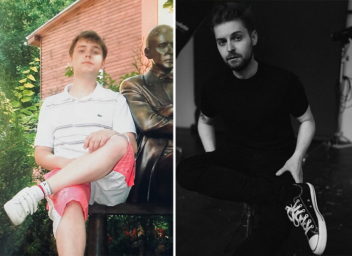 Before and after ugly duckling transformation showing a young man’s inspiring change from casual to stylish appearance.