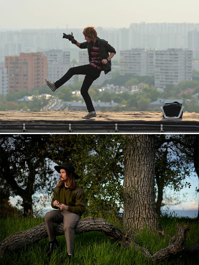 Before and after ugly duckling transformation showing a person’s journey from urban rooftop to peaceful nature setting.