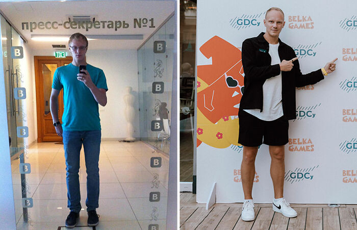 Before and after ugly duckling transformation showing a young man’s inspiring style and confidence change.