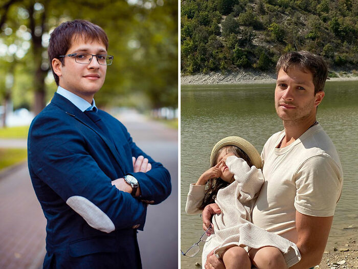 Before and after ugly duckling transformation showing a young man in formal wear and later with a child by a riverside.