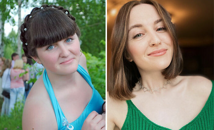 Side-by-side comparison showing an ugly duckling transformation with a woman before and after her inspiring makeover.