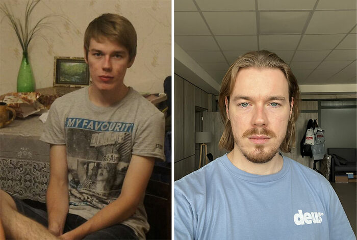 Before and after ugly duckling transformation of a young man showing inspiring personal growth and style change.