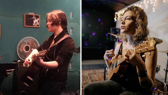 Before and after ugly duckling transformation showing a person playing guitar in two different settings and styles.