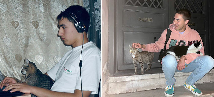 Side-by-side photos showing a person's inspiring ugly duckling transformation from youth to adulthood with cats.
