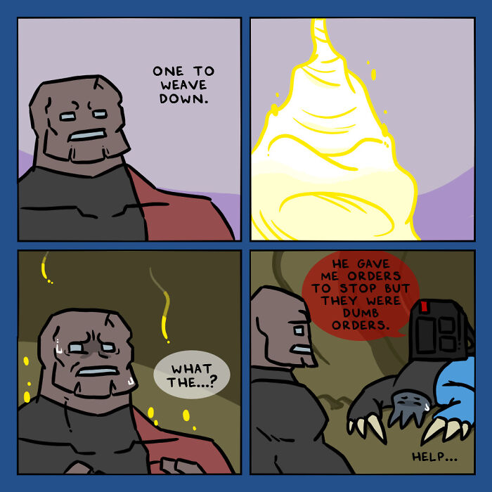 Comic panels showing a tense scene between a human and alien, highlighting humans and aliens working together humorously.