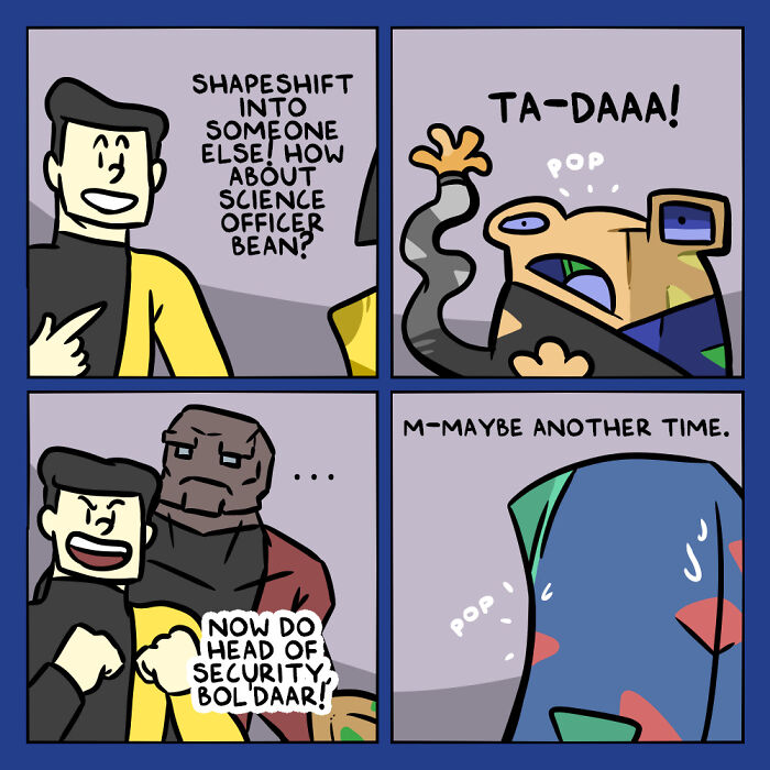 Comic strip showing humans and aliens interacting with shapeshifting and humor in a whacky comic about humans and aliens working together.