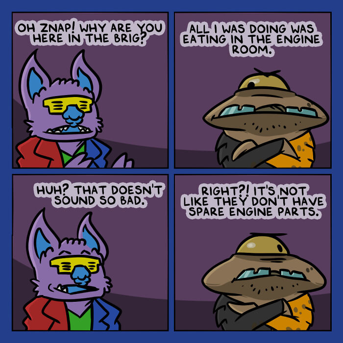 Comic strip with aliens and humans working together, featuring a conversation about eating in the engine room and spare parts.