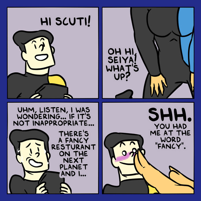 Comic panels showing humans and aliens working together, featuring a humorous conversation about a fancy restaurant.