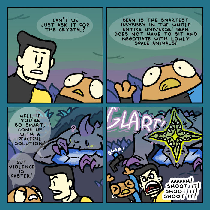 Comic panel showing humans and aliens debating and reacting, illustrating collaboration in whacky comics about humans and aliens working together.