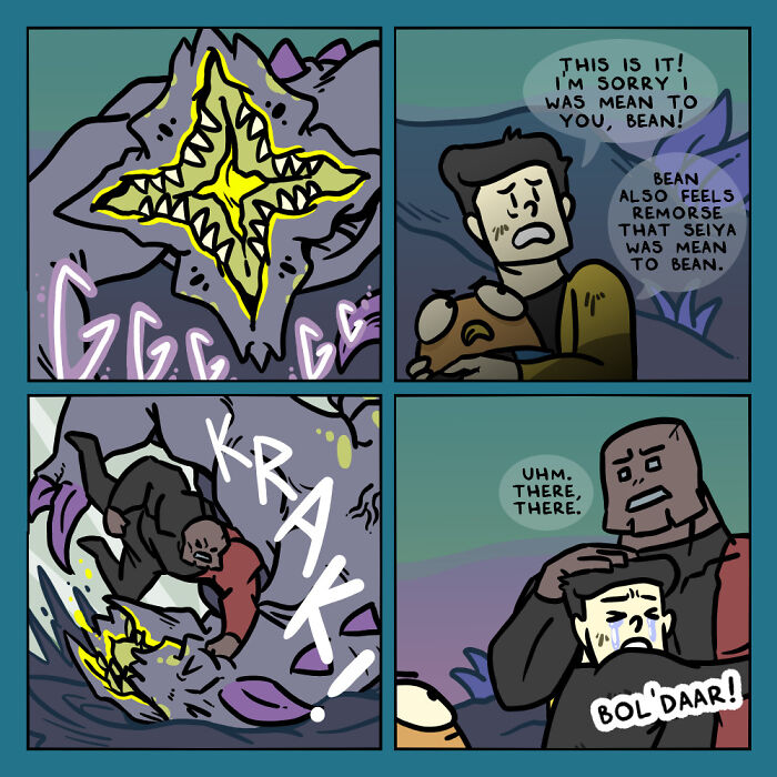 Alien creature attacking while humans work together to defend in a whacky comics scene about humans and aliens teamwork.