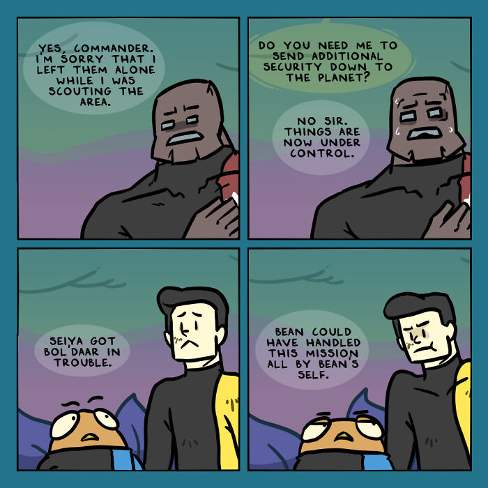 Comic panels showing humans and aliens discussing a mission, highlighting collaboration in whacky comics about humans and aliens working together.