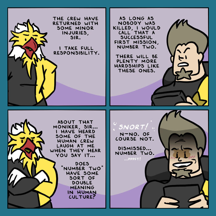 Comic panels showing humans and aliens working together, with humorous dialogue about missions and cultural misunderstandings.