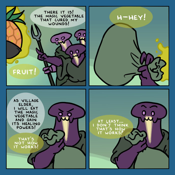 Alien characters in a whacky comic about humans and aliens working together showcasing a magical vegetable healing scene.