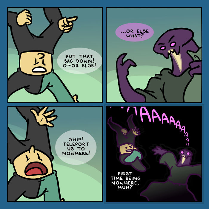 Comic panels featuring a human and an alien in a whacky scene illustrating humans and aliens working together.