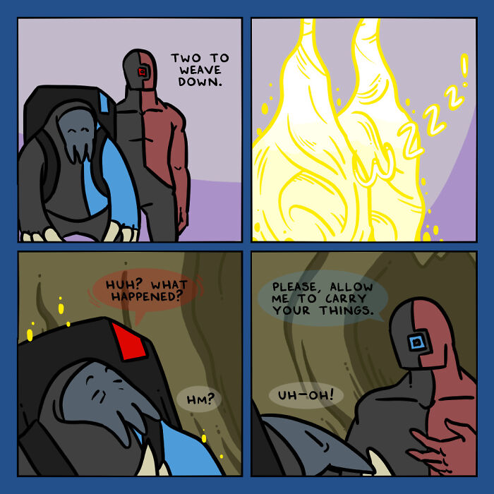 Comic panels showing humans and aliens interacting in a humorous scene about teamwork and cooperation.