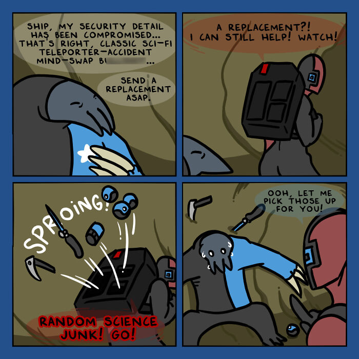 Whacky comic with an alien and human working together using sci-fi gadgets and random science junk in a humorous scene.