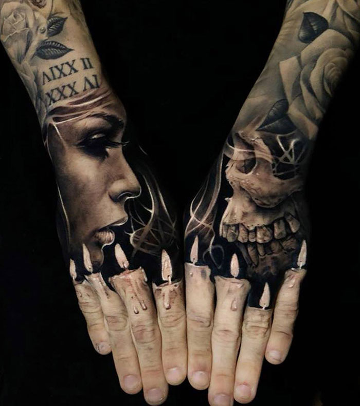 Optical illusion tattoos featuring a woman's face, skull, and candle flames on hands.
