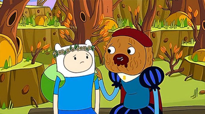 Duke of Nuts talking with Finn the Human in a colorful forest scene from Adventure Time quotes that are purely wacky.