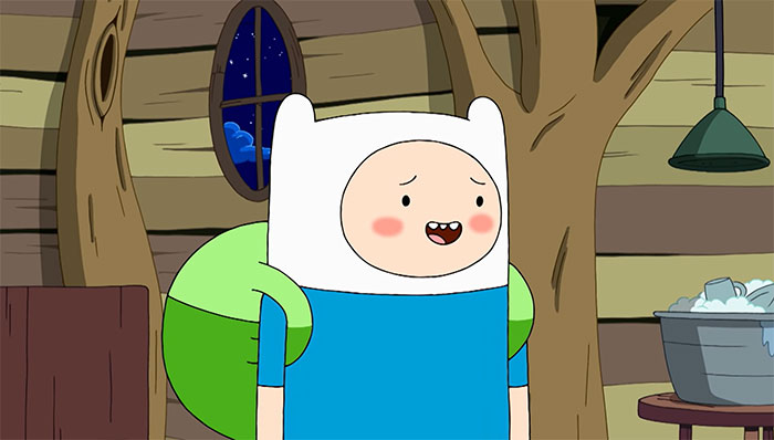 Finn the Human looking shy inside a cabin, a wacky moment reflecting Adventure Time quotes with quirky and profound vibes.