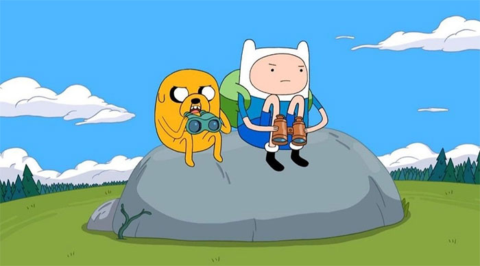 Finn the Human and Jake the Dog sitting on a rock using binoculars, capturing a wacky Adventure Time moment