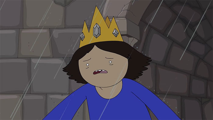 Simon looking scared and anxious in the rain, a memorable moment from Adventure Time quotes that are purely wacky.