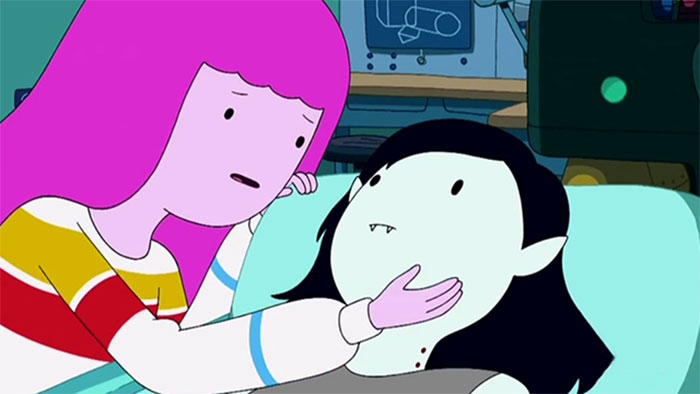 Princess Bubblegum gently caring for Marcelina, a tender moment from Adventure Time showcasing wacky yet profound quotes.