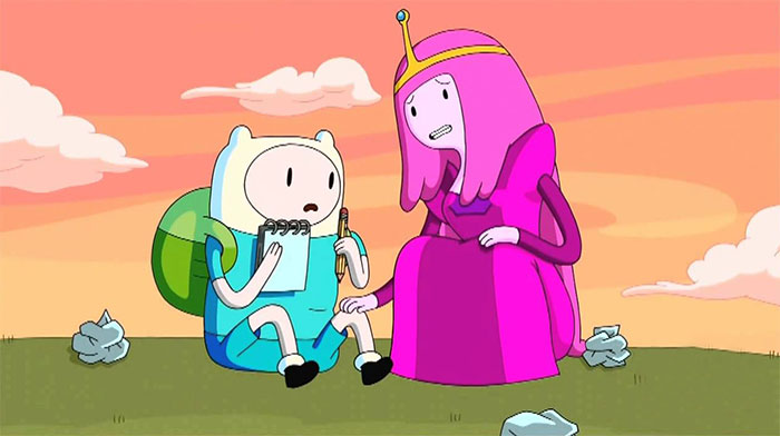 Princess Bubblegum talking with Finn from Adventure Time featuring wacky and profound quotes in a colorful outdoor scene.