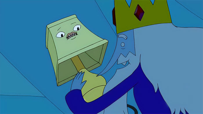 Ice King from Adventure Time touching a lamp with a quirky expression, reflecting wacky and profound quotes.