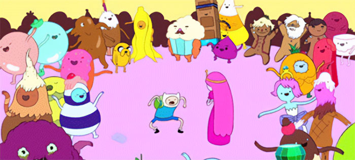 Finn the Human and Princess Bubblegum surrounded by colorful characters, illustrating wacky Adventure Time quotes and moments.