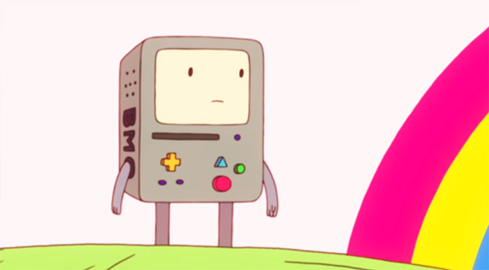 BMO from Adventure Time looking sad on a colorful hill, reflecting the wacky and profound Adventure Time quotes.