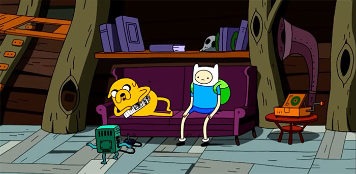 Jake the Dog screaming at BMO inside the treehouse with Finn nearby, featuring wacky Adventure Time quotes.