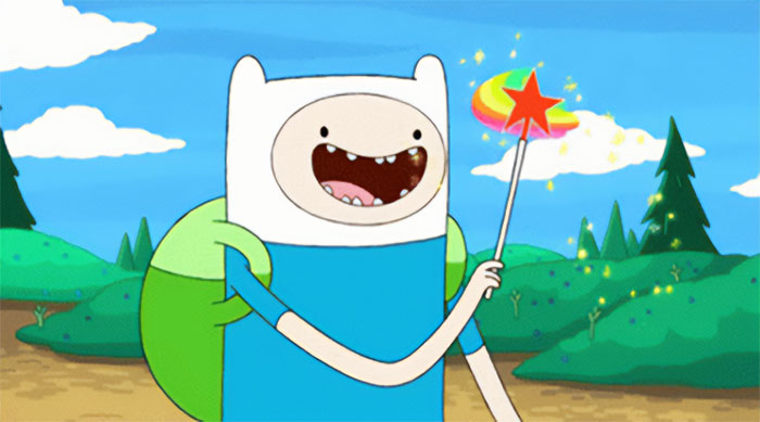 Finn the Human from Adventure Time holding a magic wand in a colorful outdoor setting for wacky quotes.