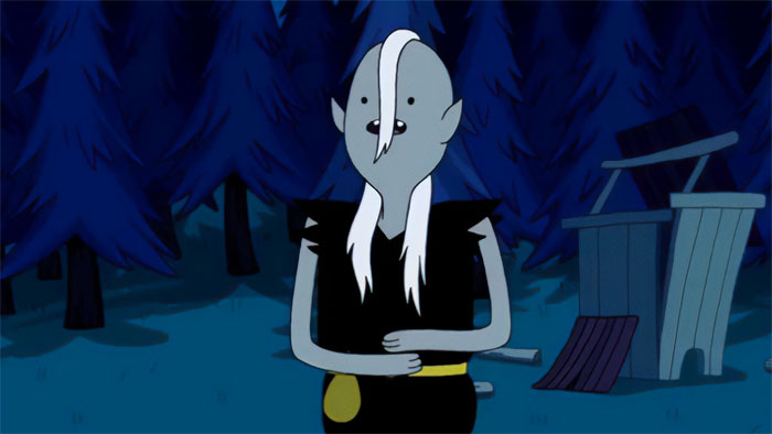 Rag Wizard from Adventure Time talking in a dark forest setting, capturing wacky and profound Adventure Time quotes.