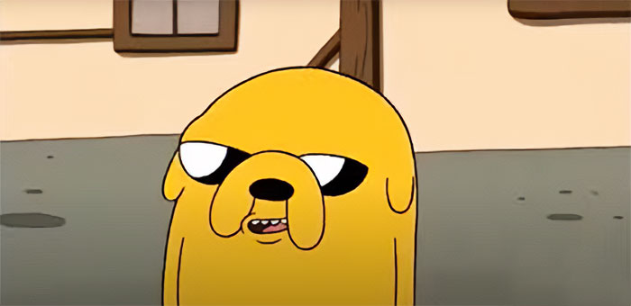 Jake the Dog from Adventure Time speaking with a wacky and profound expression in an animated scene.
