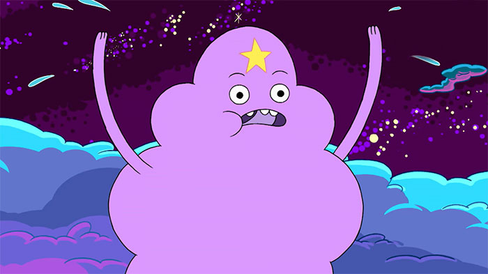 Lumpy Space Princess with hands raised against a starry sky, showcasing wacky Adventure Time quotes character expression.