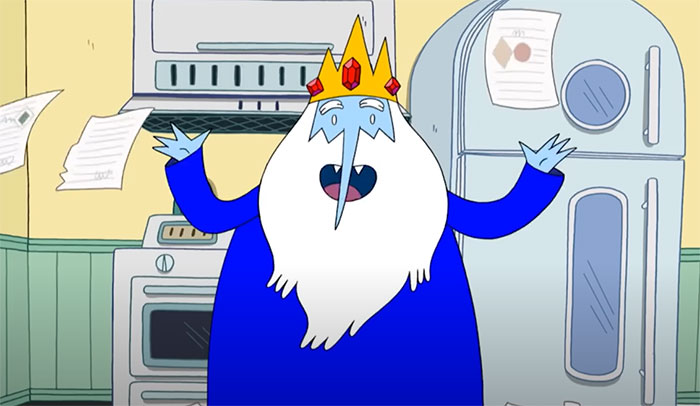 Ice King throwing papers away in a kitchen scene, capturing wacky Adventure Time quotes with a profound tone.