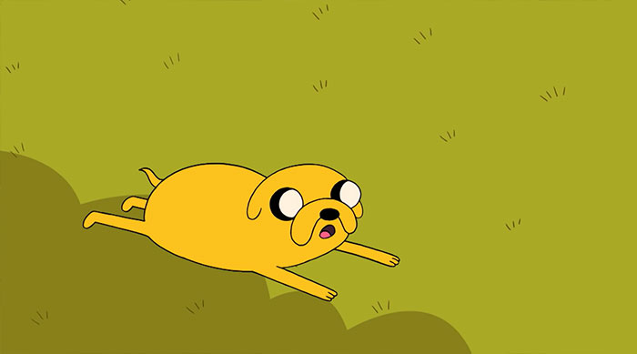 Jake the Dog from Adventure Time lying stretched out on grass, capturing a wacky yet profound moment.