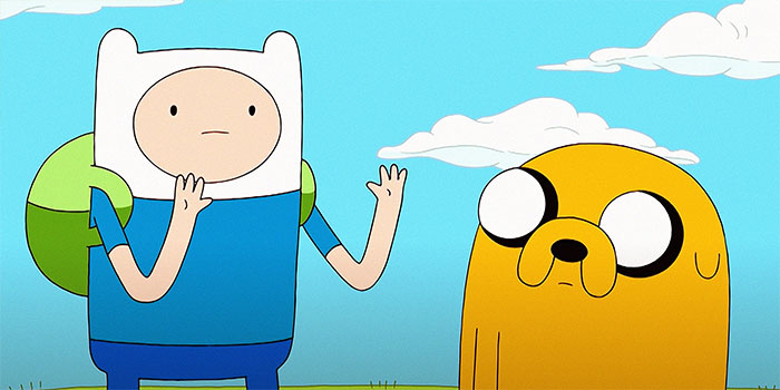 Finn the Human and Jake the Dog having a conversation, illustrating iconic Adventure Time quotes in a colorful scene.