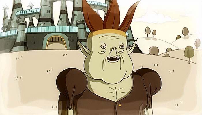 Xergiok character from Adventure Time standing outside a castle, representing wacky and profound Adventure Time quotes.